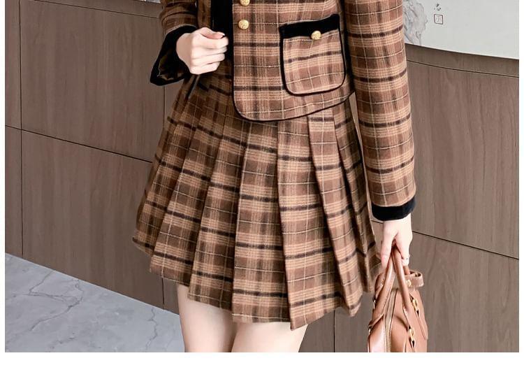 Set: Stand Collar Plaid Contrast Trim Button-Up Crop Jacket + High Waist Pleated Mini A-Line Skirt Product Image