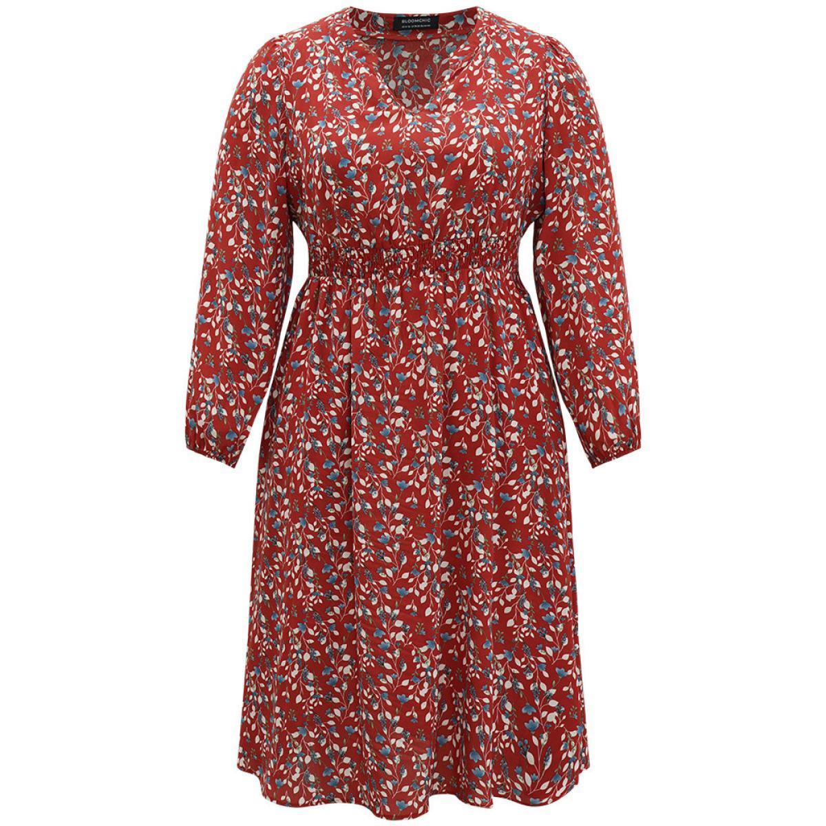 Plus Size Ditsy Floral Pocket Shirred Notched Dress Crimson Women Elegant Elastic cuffs Notched collar Long Sleeve Curvy Midi Dress BloomChic 18-20/2X Product Image