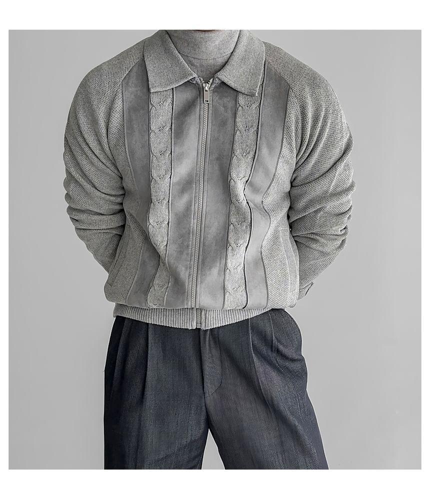 Collared Striped Cable Knit Zip Cardigan Product Image