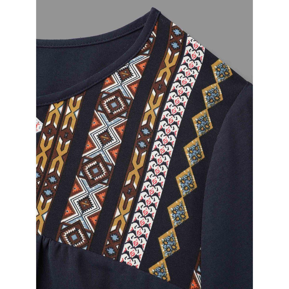 Plus Size Indigo Bandana Print Patchwork Ties Blouse Women Resort Long Sleeve Non Vacation Blouses BloomChic 14-16/1X Product Image