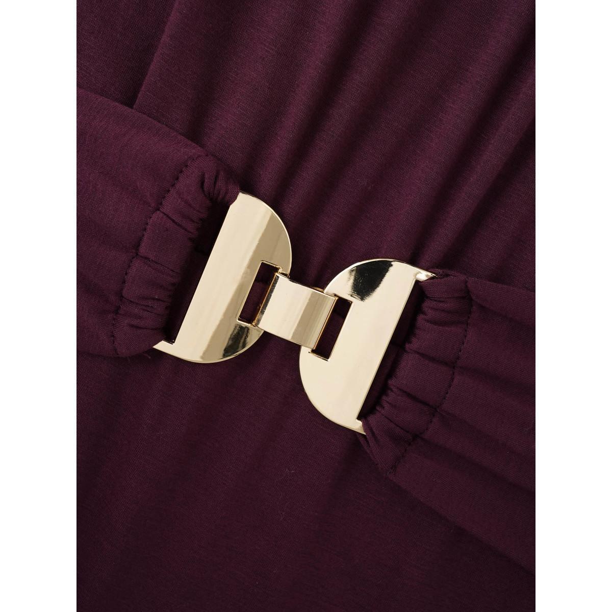 Plus Size Solid Metal Detail Midi Dress Deeppurplered Women Casual Belted V-neck Long Sleeve Curvy BloomChic 22-24/3X Product Image