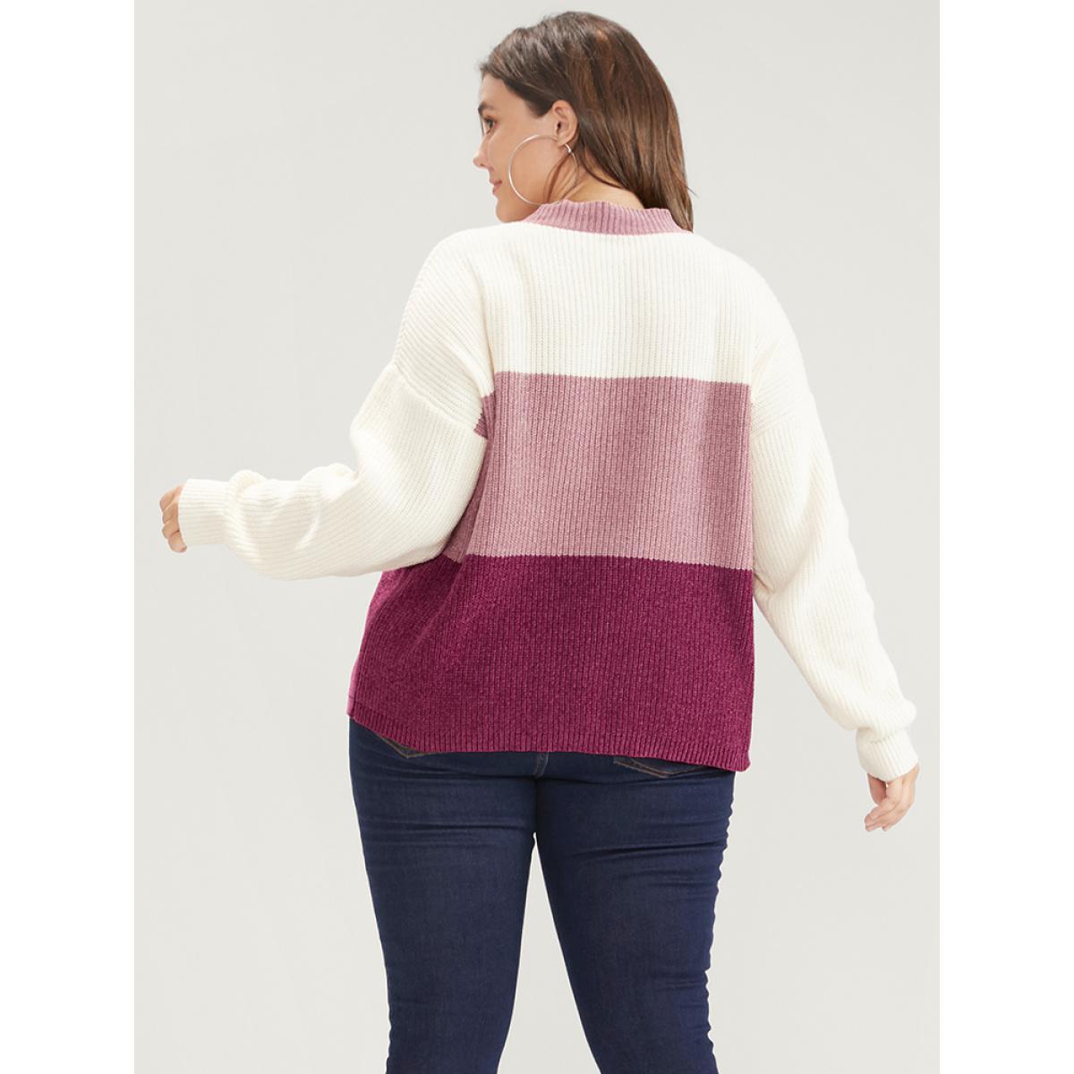 Plus Size Colorblock Contrast Chenille Knit Lace Up V Neck Knit Top Multicolor Women Casual Long Sleeve V-neck Dailywear Pullovers BloomChic 14-16/1X Product Image