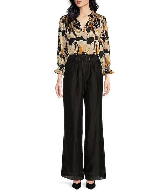 Sugarlips Matte Satin Abstract Print Split V-Neck 3/4 Sleeve Top Product Image