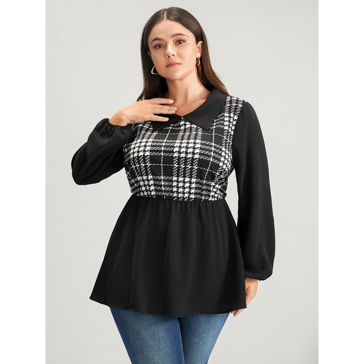 Plus Size Black Plaid Patchwork Lantern Sleeve Ruffle Hem Blouse Women Office Long Sleeve Lapel Collar Work Blouses BloomChic 30/6X Product Image