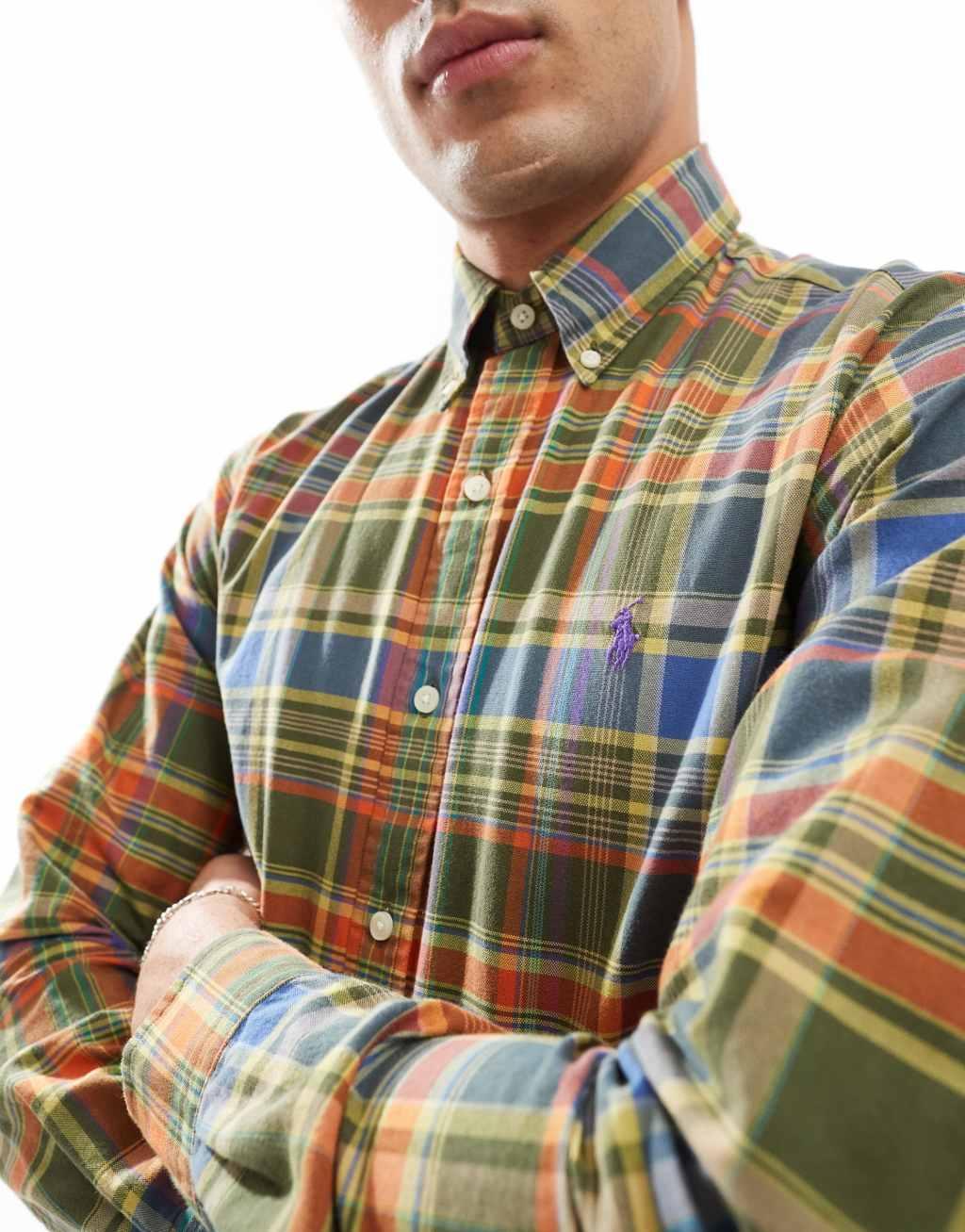 Polo Ralph Lauren icon logo check oxford shirt in dark green Product Image