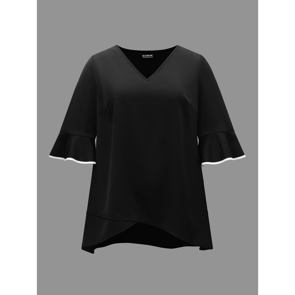 Plus Size Black Color-Block Spliced Ruffled Overlap Hem Blouse Women At the Office Elbow-length sleeve V-neck Work Blouses BloomChic 30/6X Product Image