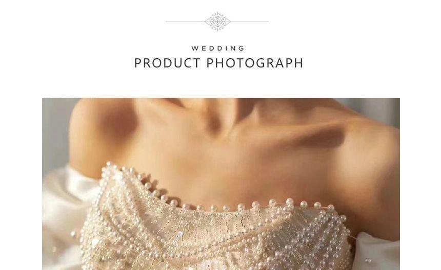 Puff-Sleeve Off-Shoulder Sequin Bow Back Faux Pearl Mermaid Wedding Gown Product Image