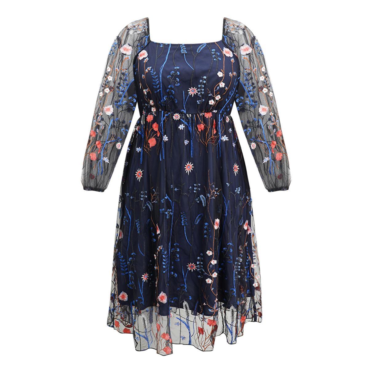 Plus Size Square Neck Embroidered Lace Mesh Lantern Sleeve Dress Navy Women Formal Elastic cuffs Square Neck Long Sleeve Curvy Midi Dress BloomChic 26/4X Product Image