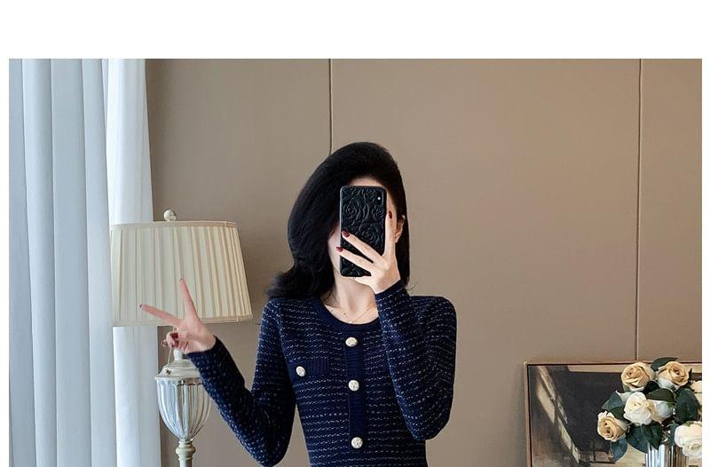 Long-Sleeve Round Neck Striped Knit A-Line Dress Product Image