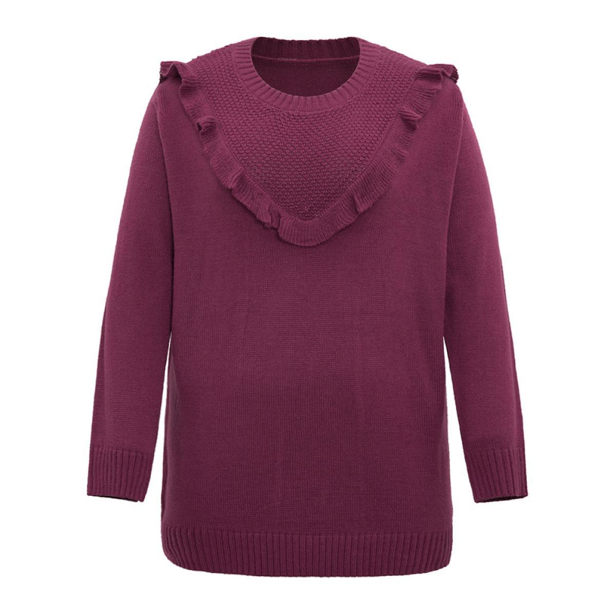 Plus Size Solid Flutter Trim Plisse Loose Pullover Burgundy Women Casual Loose Long Sleeve Round Neck Dailywear Pullovers BloomChic 18-20/2X Product Image