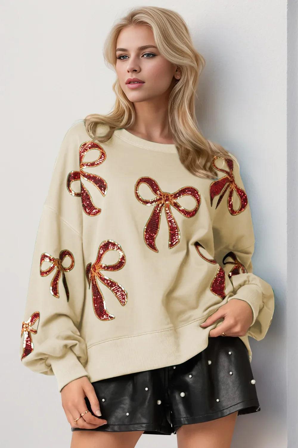Double Take Christmas Bow Sequin Round Neck Dropped Shoulder Sweatshirt Product Image