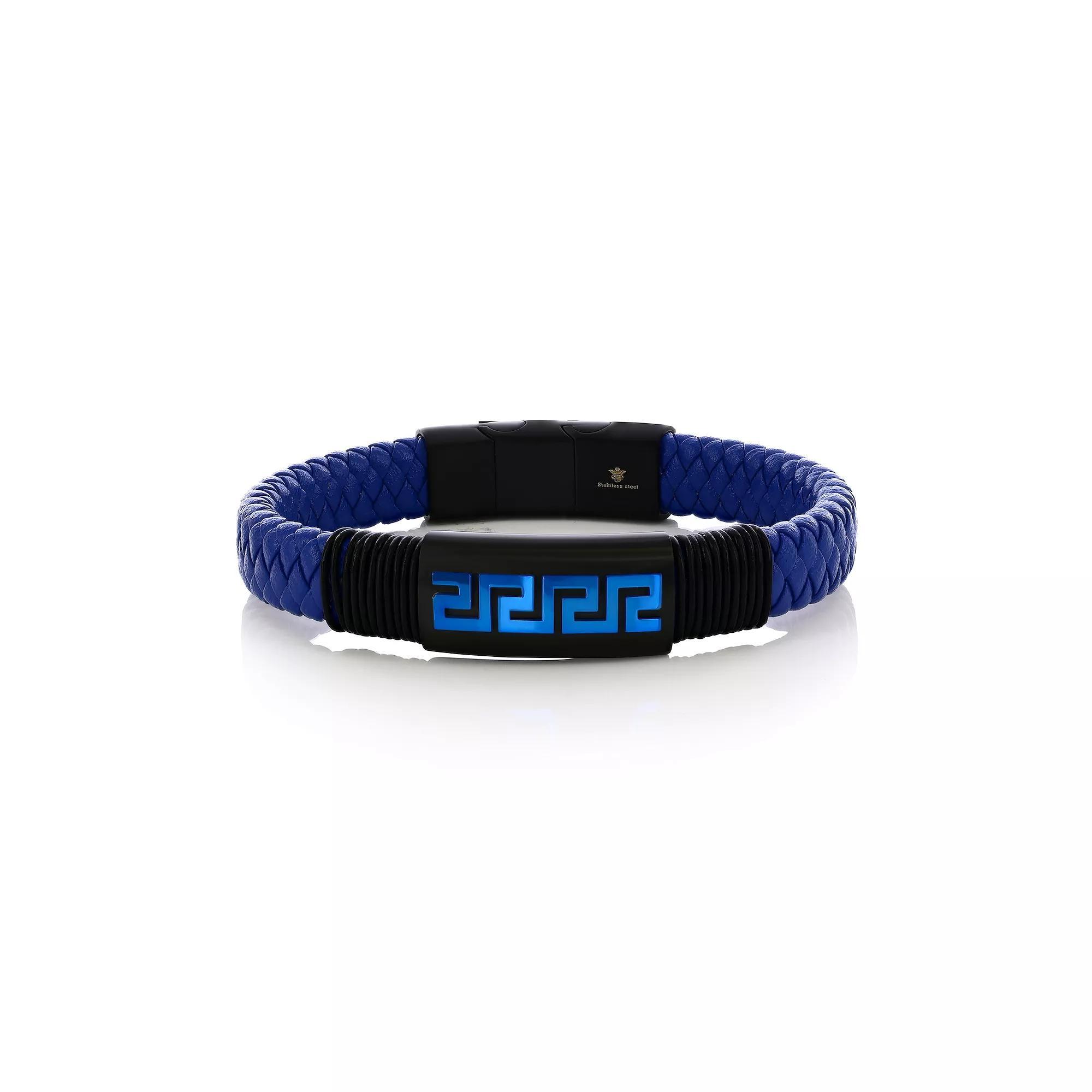 Men's Metallo Stainless Steel Greek Key Leather Bracelet, Size: 8.5", Blue Black Product Image