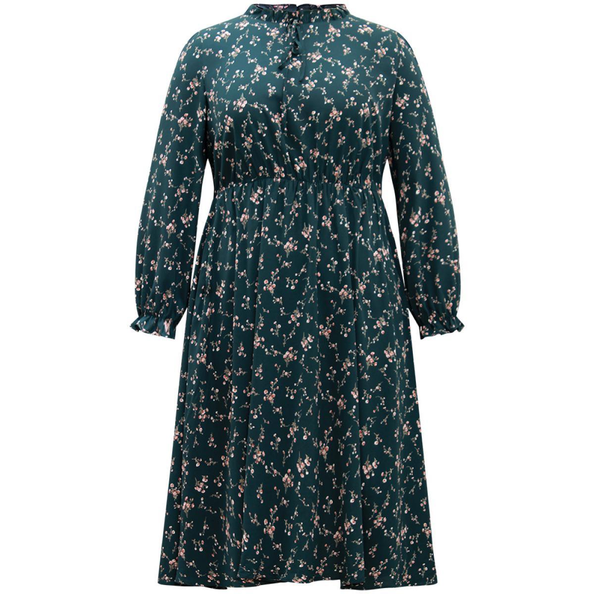 Plus Size Ditsy Floral Pocket Mock Neck Dress DarkGreen Women Elegant Cross straps Mock Neck Long Sleeve Curvy Midi Dress BloomChic 12/L Product Image