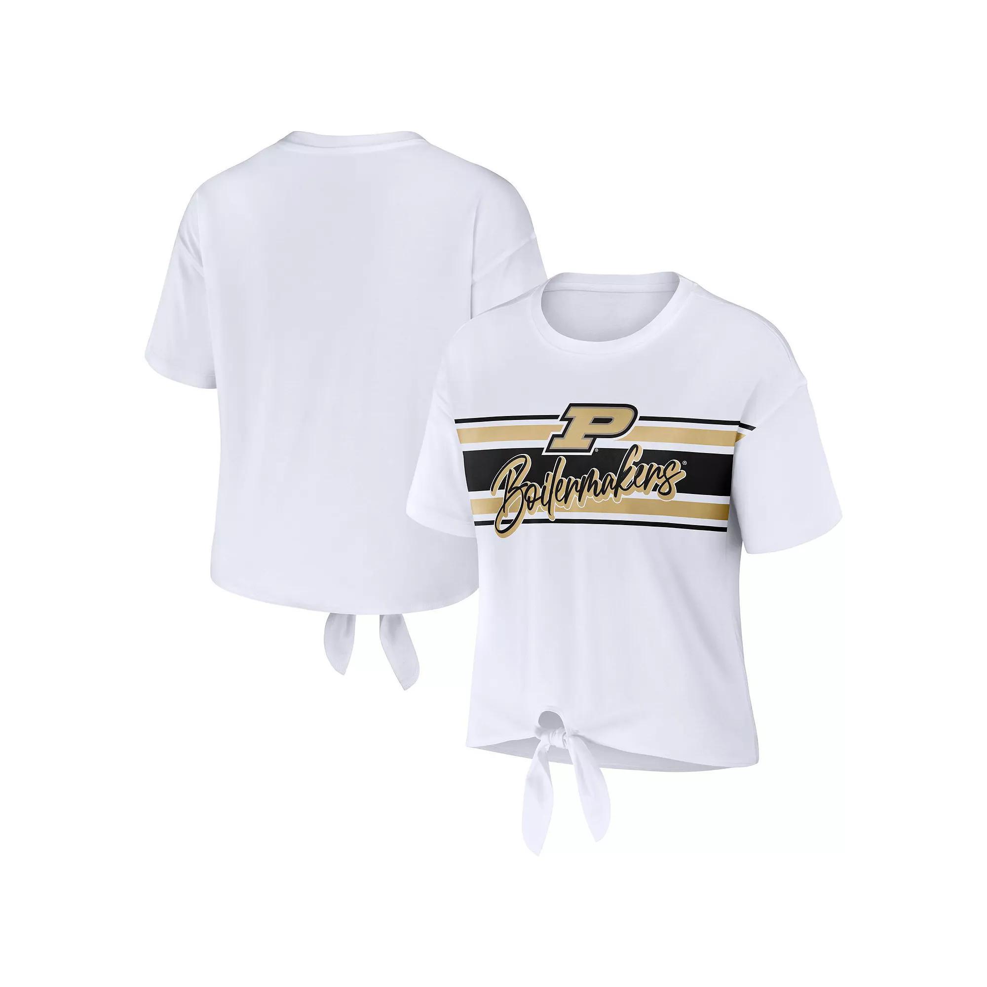 Women's WEAR by Erin Andrews White Purdue Boilermakers Striped Front Knot Cropped T-Shirt, Size: XL Product Image