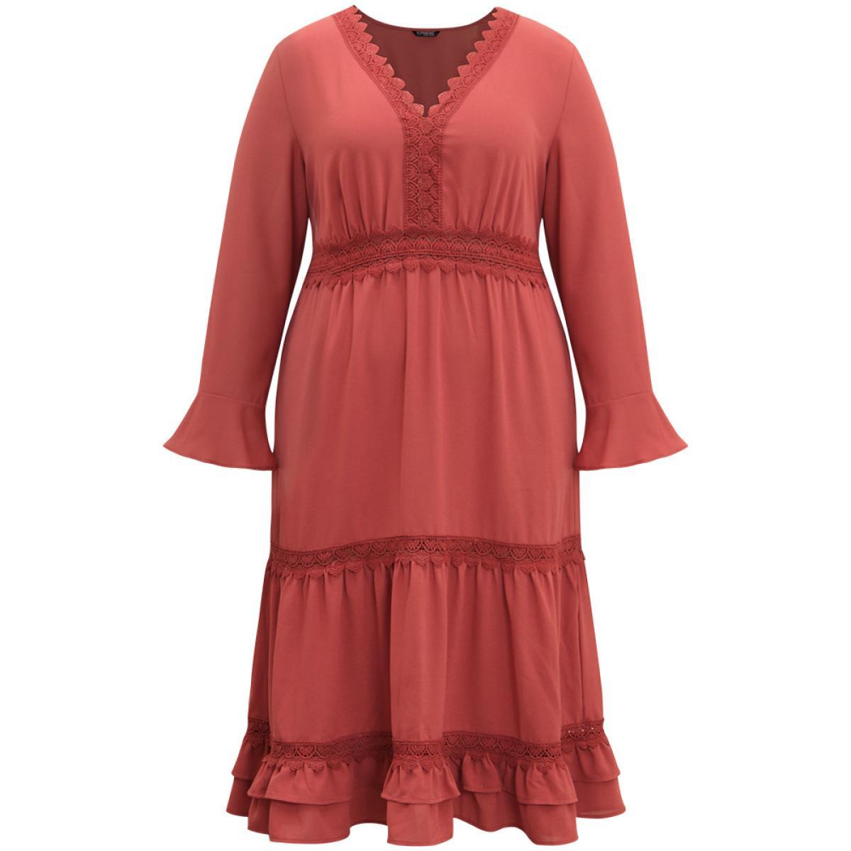 Plus Size Contrast Lace Bell Sleeve Layered Hem Dress Crimson Women Elegant Plain V-neck Long Sleeve Curvy Midi Dress BloomChic 10/M Product Image