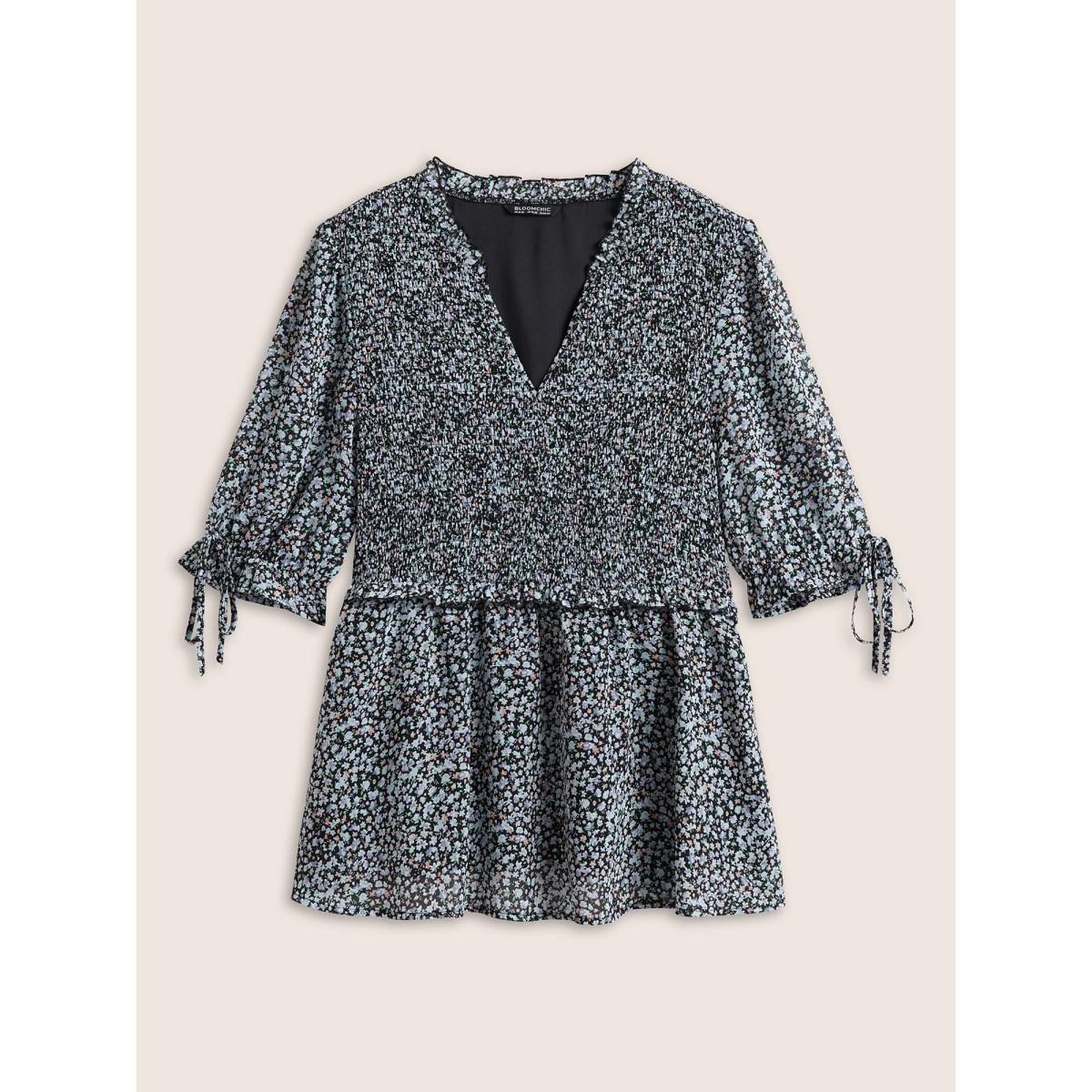 Plus Size Black Chiffon Ditsy Floral Ruffles Shirred Ties Blouse Women Elegant Short sleeve V-neck Everyday Blouses BloomChic 14-16/1X Product Image