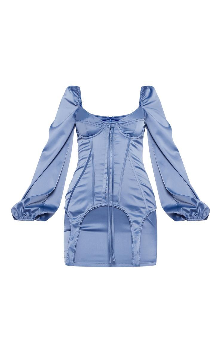 Mineral Blue Satin Balloon Sleeve Cup Detail Mini Dress Product Image