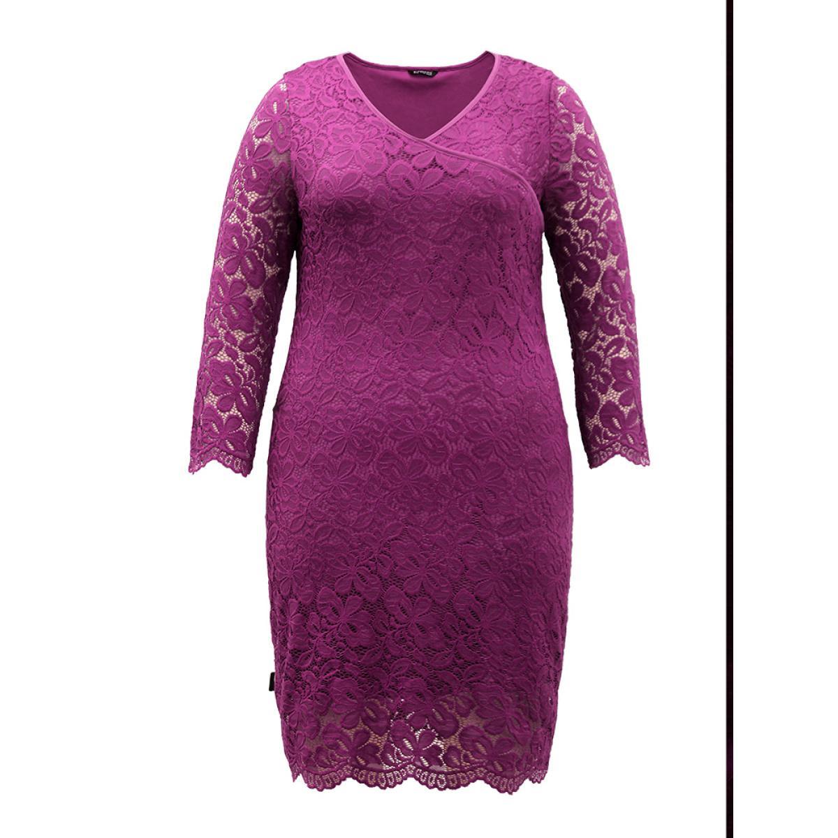 Plus Size Crochet Lace Mesh Scalloped Trim Dress Purple Women Glamour Plain V-neck Long Sleeve Curvy Knee Dress BloomChic 12/L Product Image
