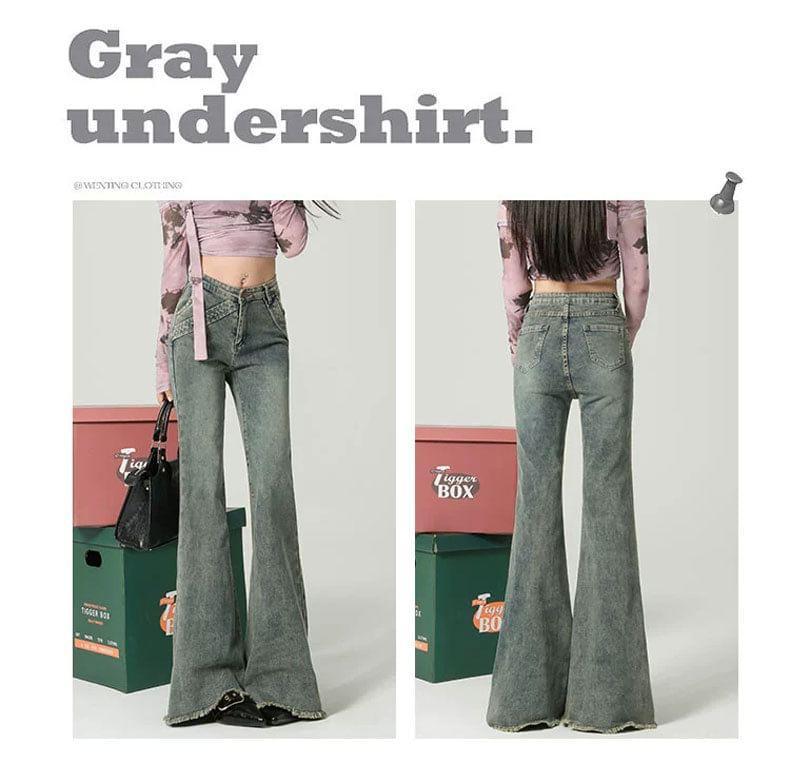 Mid Rise Washed Fray Flared Jeans Product Image