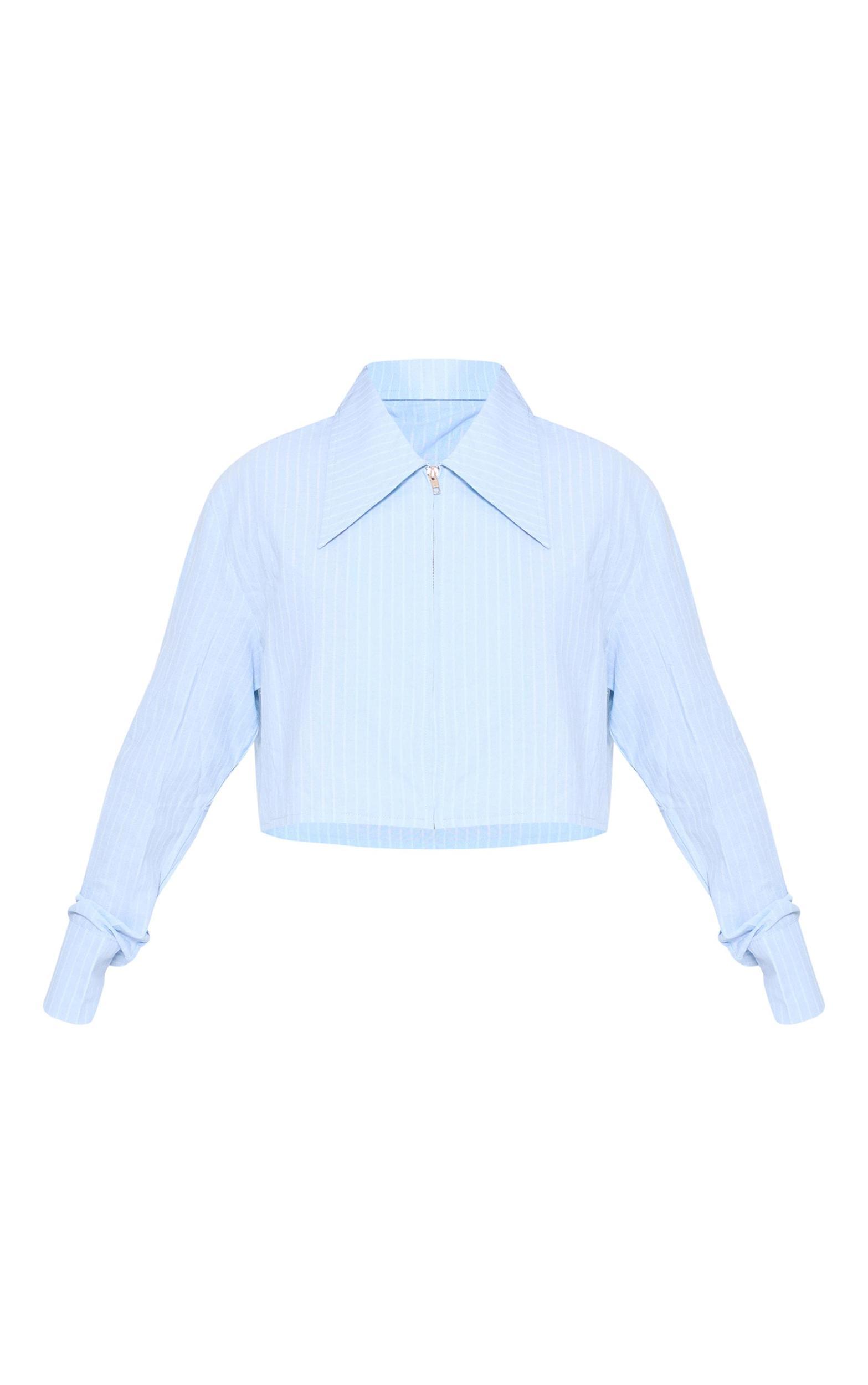 Blue Striped Zip Up Cropped Shirt Product Image