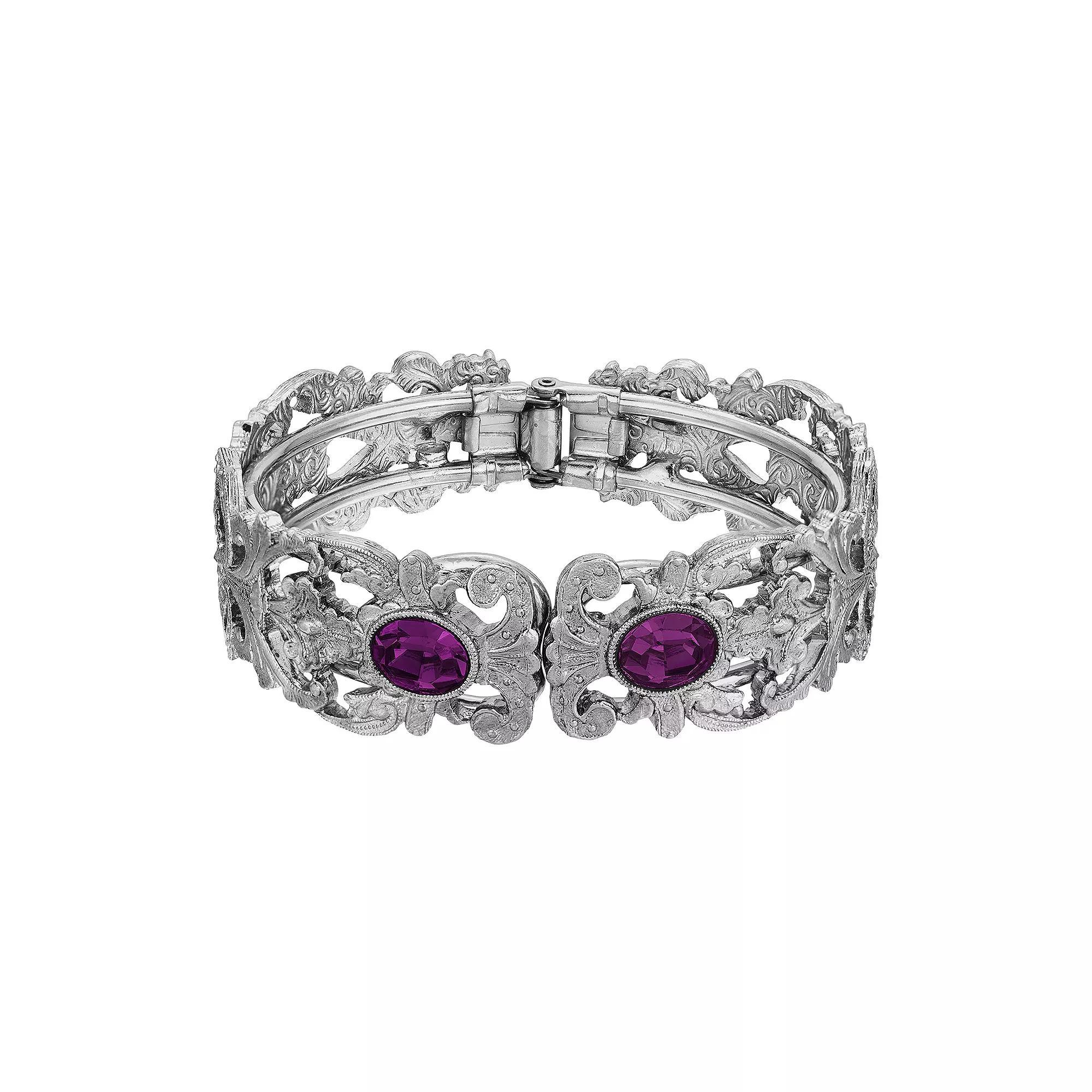 1928 Silver Tone Simulated Crystal Filigree Cuff Bracelet, Womens, Light Blue Product Image