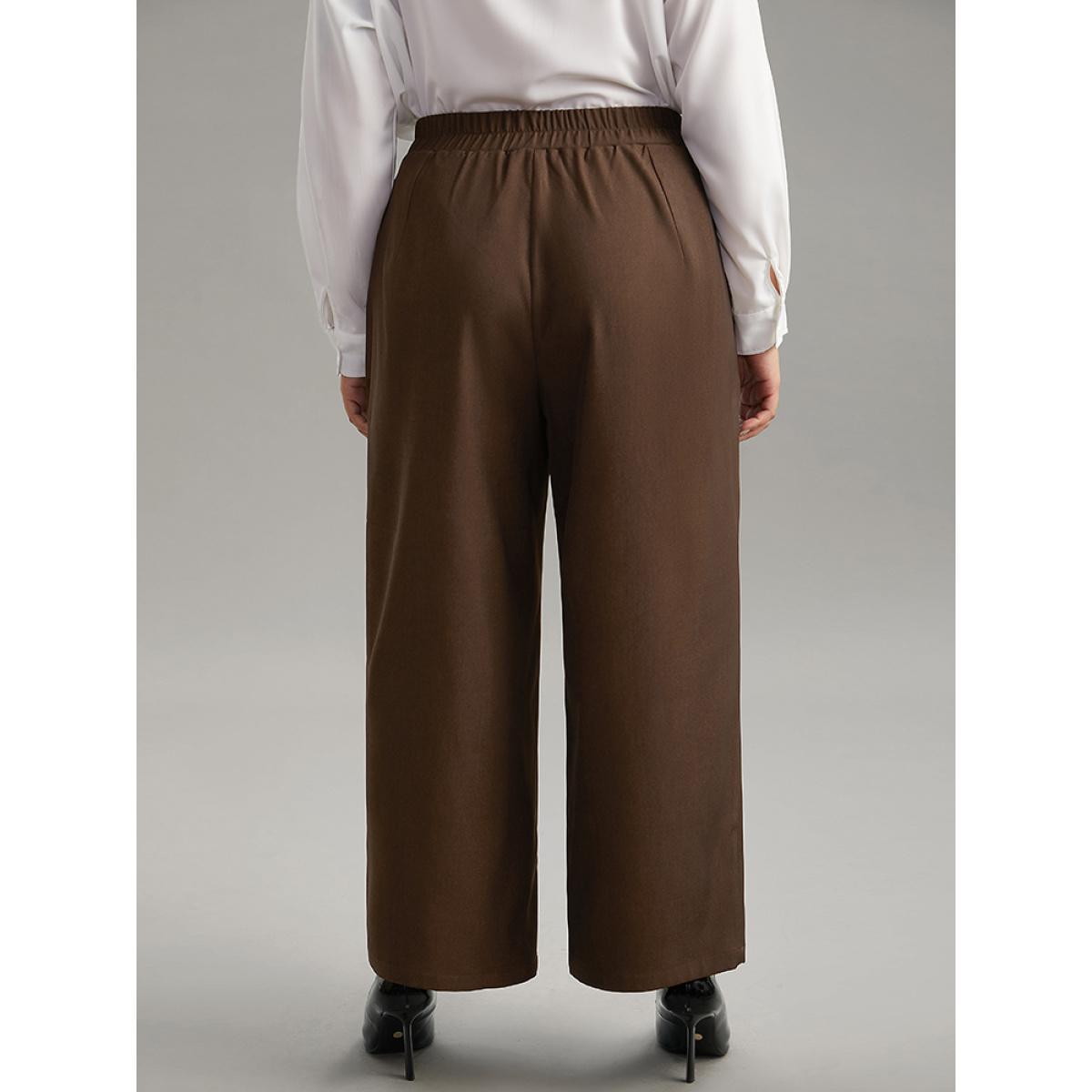 Plus Size Solid Elastic Waist Plicated Detail Straight Leg Pants Women DarkBrown Office Straight Leg High Rise Work Pants BloomChic 12/L Product Image