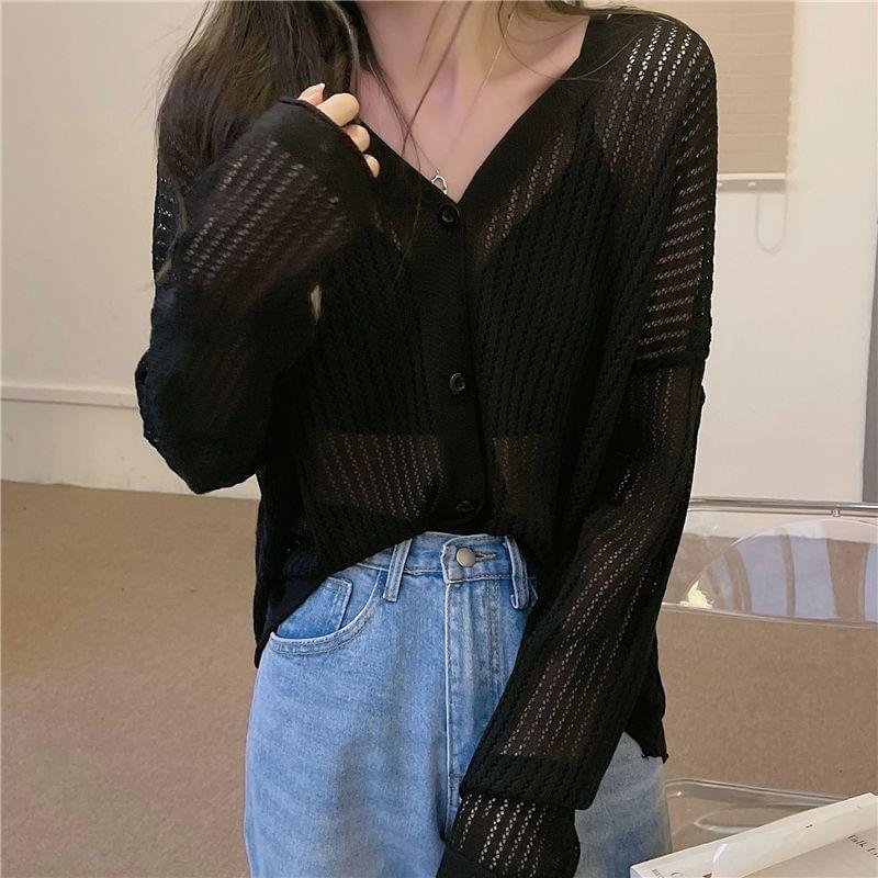 V-Neck Button-Up Plain Cardigan Product Image