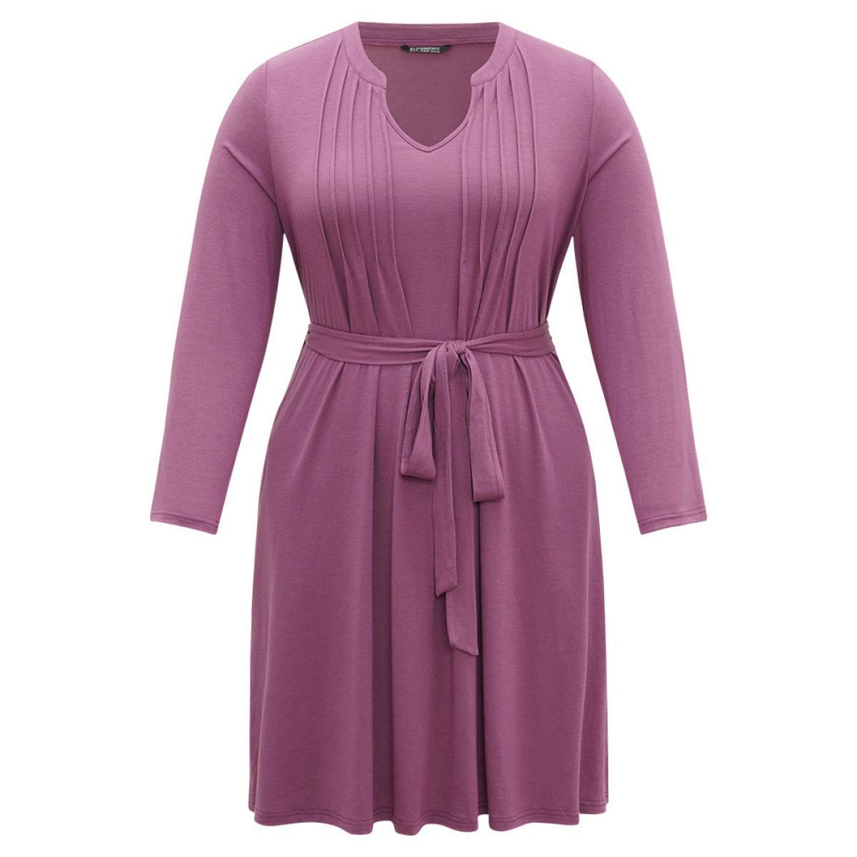 Plus Size Solid Notched Pocket Pleated Belted Dress Purple Women Casual Plain Notched collar Long Sleeve Curvy Midi Dress BloomChic 18-20/2X Product Image