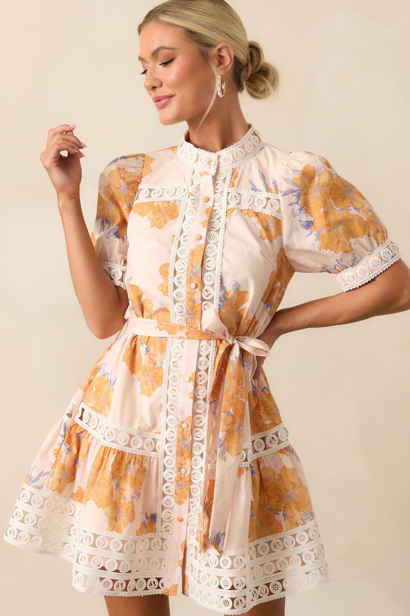 Past The Garden Gates Honey Yellow Floral Cotton Mini Dress Product Image