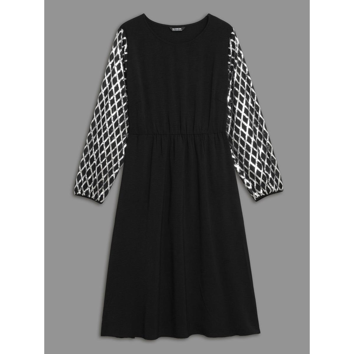 Plus Size Texture Sequin Mesh Patchwork Belted Dress Black Women Cocktail Texture Round Neck Long Sleeve Curvy BloomChic 26/4X Product Image