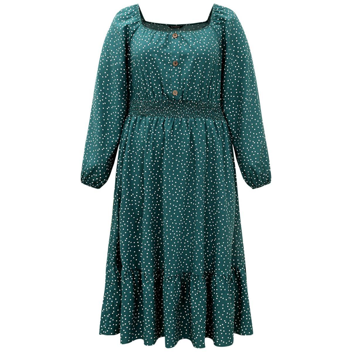 Plus Size Polka Dot Square Neck Shirred Button Detail Dress Teal Women Elegant Elastic cuffs Square Neck Long Sleeve Curvy Midi Dress BloomChic 10/M Product Image