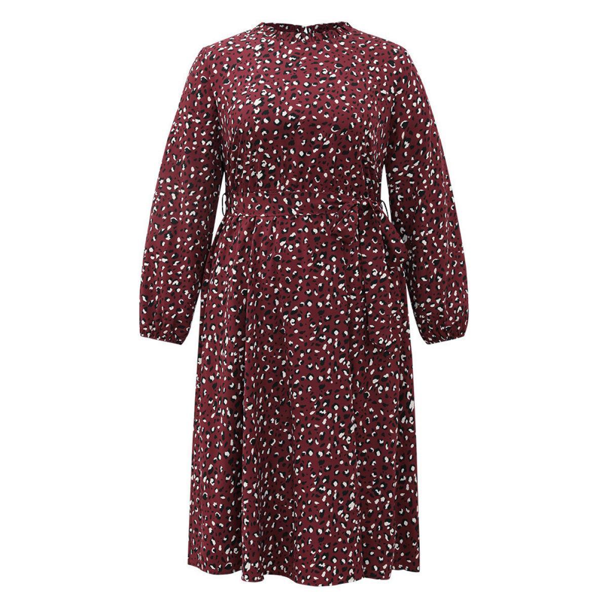 Plus Size Allover Print Elastic Cuffs Frill Trim Belted Dress Burgundy Women Elegant Elastic cuffs Mock Neck Long Sleeve Curvy Midi Dress BloomChic 28/5X Product Image