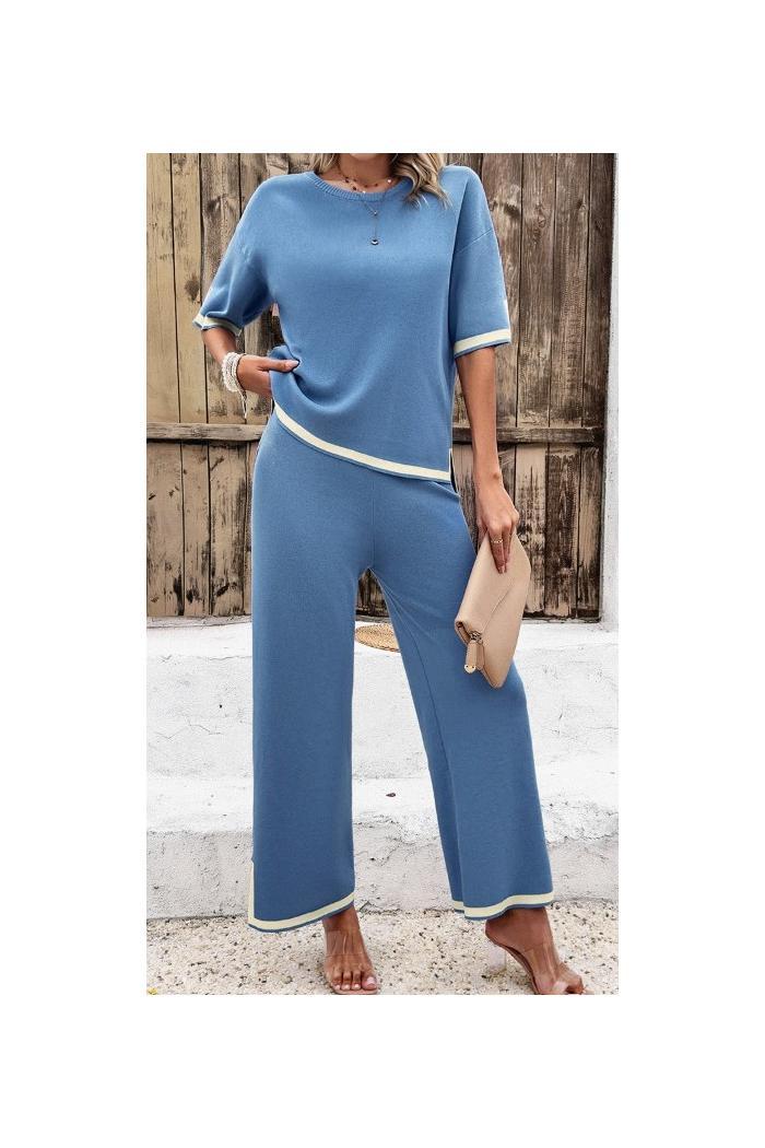 Casual Solid Color Knitted Short-Sleeved Sweater and Pants Set Product Image