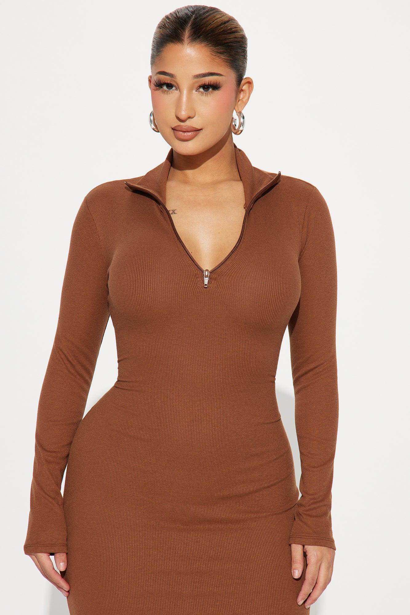 Quynn Quarter Zip Ribbed Midi Dress - Brown Product Image