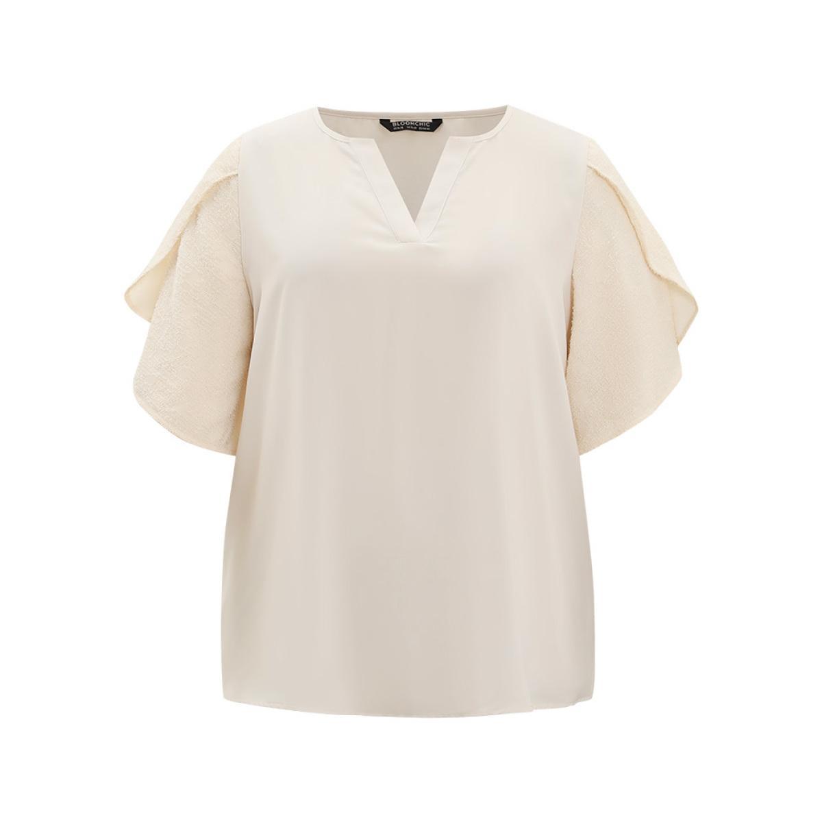 Plus Size Ivory Anti-Wrinkle Solid Patchwork Petal Sleeve Notched Blouse Women Office Half Sleeve Notched collar Work Blouses BloomChic 12/L Product Image