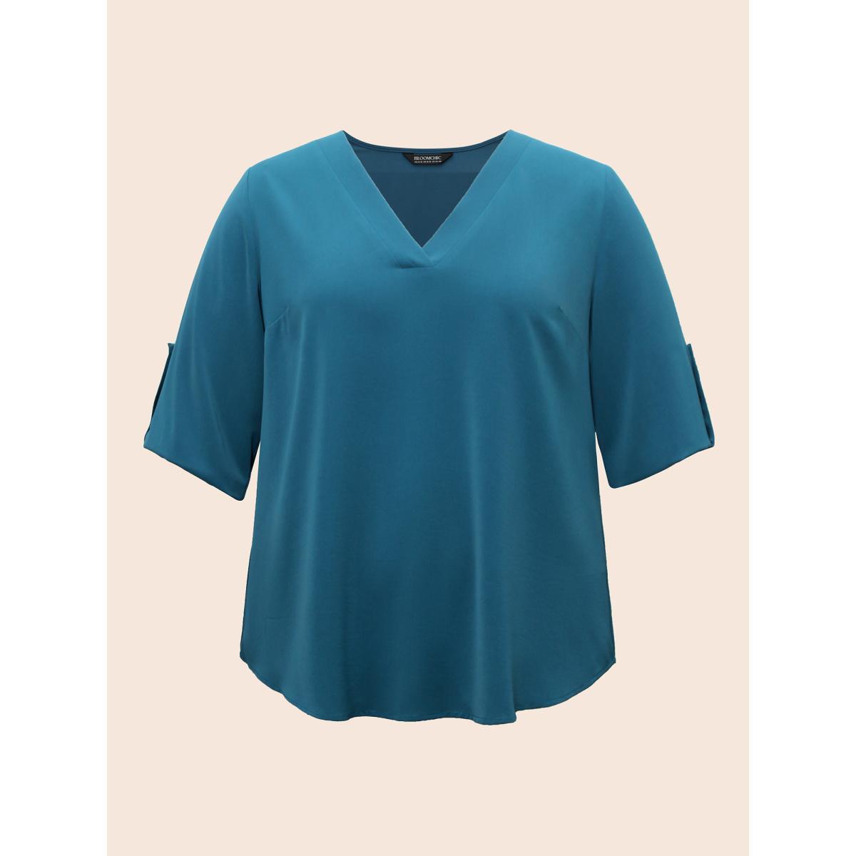 Plus Size Aegean Solid Cuffed Sleeve Gathered Curved Hem Blouse Women Office Elbow-length sleeve V-neck Work Blouses BloomChic 14-16/1X Product Image