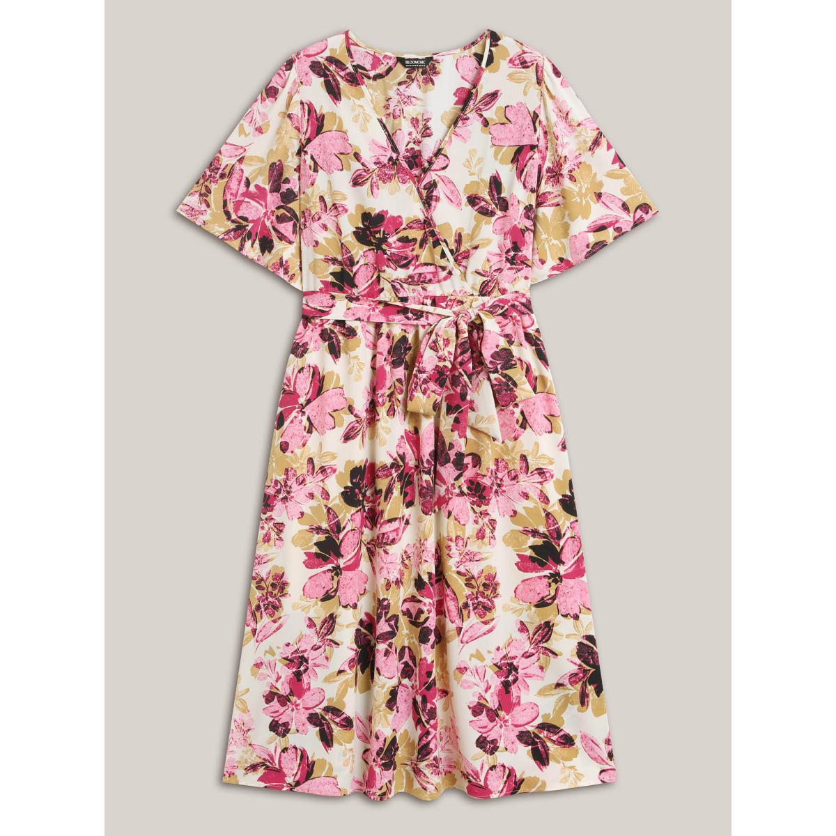 Plus Size Floral Pattern Pockets Surplice Midi Dress Rosered Women Overlap Collar Half Sleeve Curvy BloomChic 30/6X Product Image