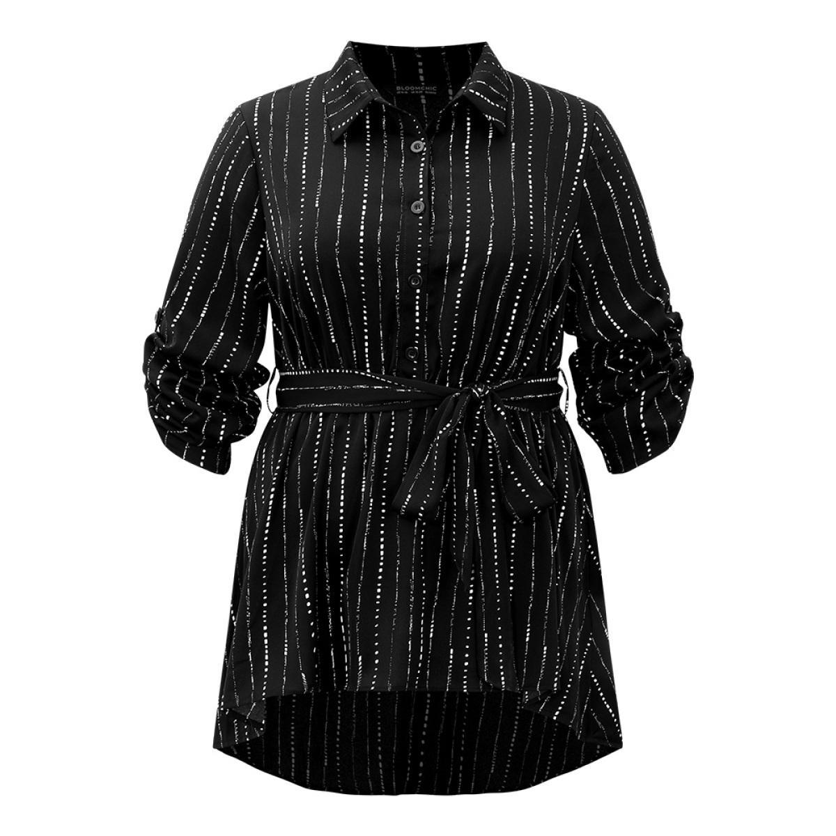Plus Size Black Striped Belted Shirt Collar Asymmetrical Hem Blouse Women Office Long Sleeve Shirt collar Work Blouses BloomChic 26/4X Product Image