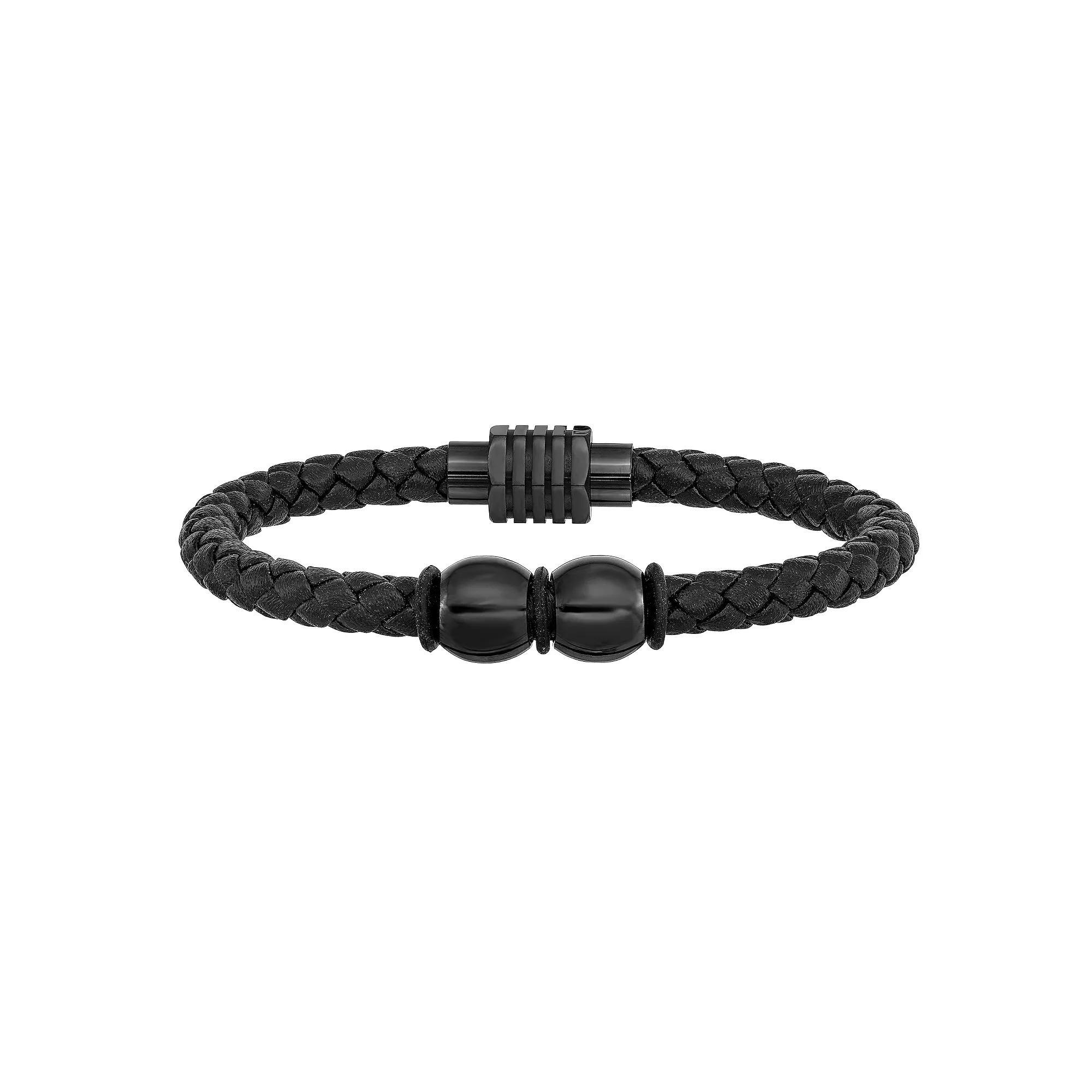 Men's Black Stainless Steel Polished Rubber and Leather Bracelet, Size: 8.25" Product Image