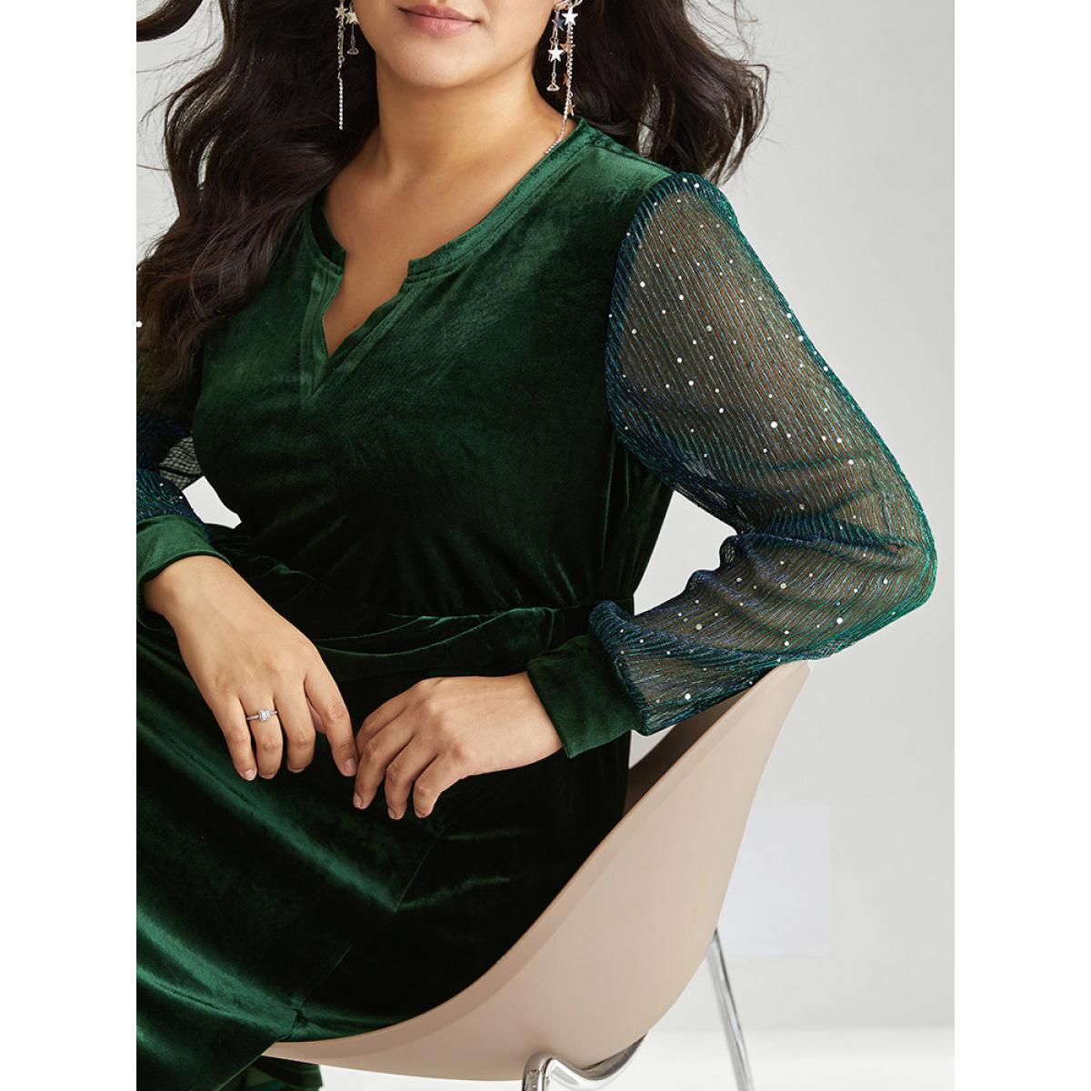 Plus Size Velvet Sequin Patchwork Elastic Waist Notched Dress DarkGreen Women Glamour Velvet Notched collar Long Sleeve Curvy Midi Dress BloomChic 30/6X Product Image