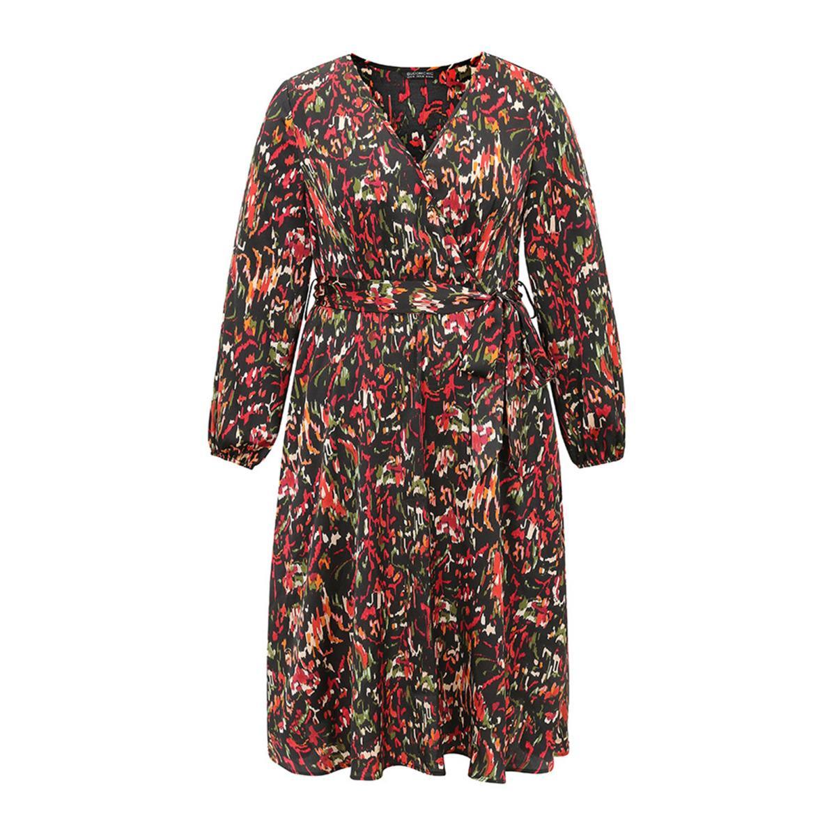 Plus Size Boho Print Wrap Pocket Lantern Sleeve Dress Black Women Elegant Elastic cuffs V-neck Long Sleeve Curvy Midi Dress BloomChic 10/M Product Image
