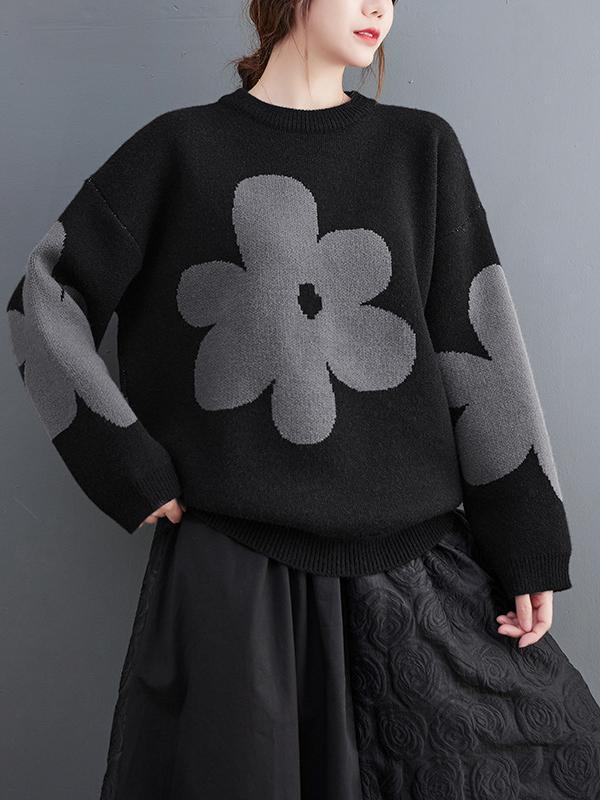 Casual Loose Long Sleeves Contrast Color Jacquard Round-Neck Sweater Tops Product Image