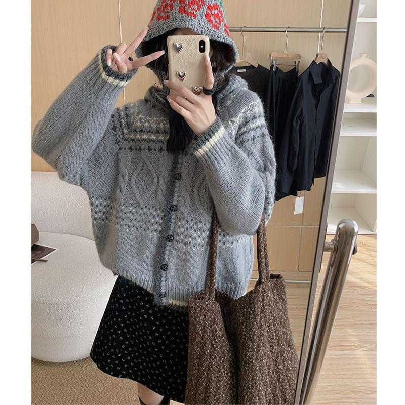 Contrast Trim Jacquard Hooded Cardigan Product Image