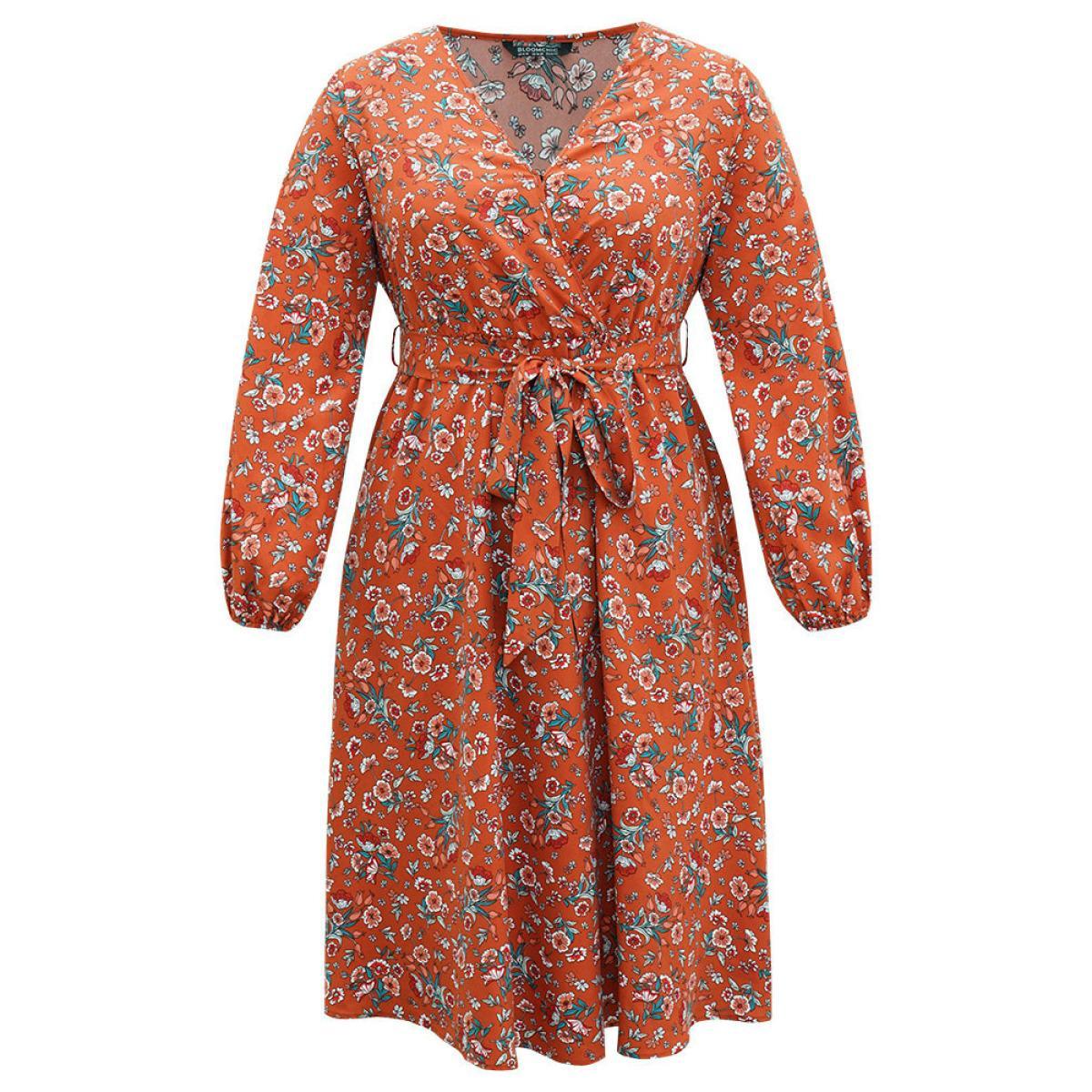 Plus Size Floral Print Belted Elastic Cuffs Dress Rust Women Elegant Elastic cuffs V-neck Long Sleeve Curvy Midi Dress BloomChic 26/4X Product Image