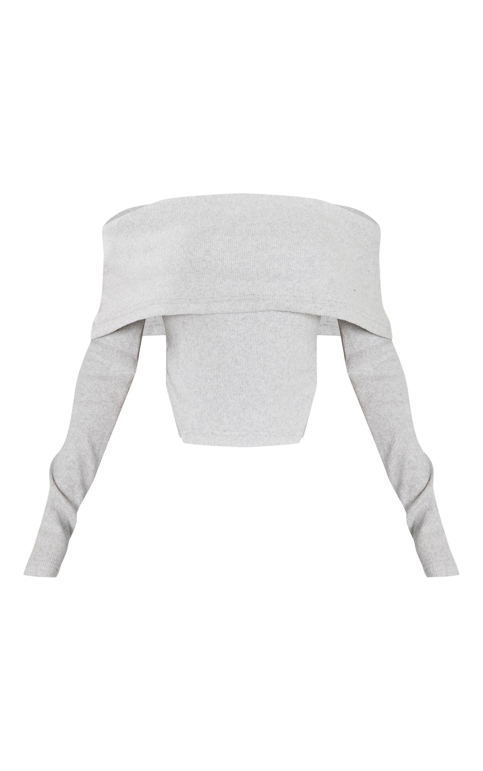  Grey Brushed Rib Fold Over Detail Long Sleeve Top Product Image