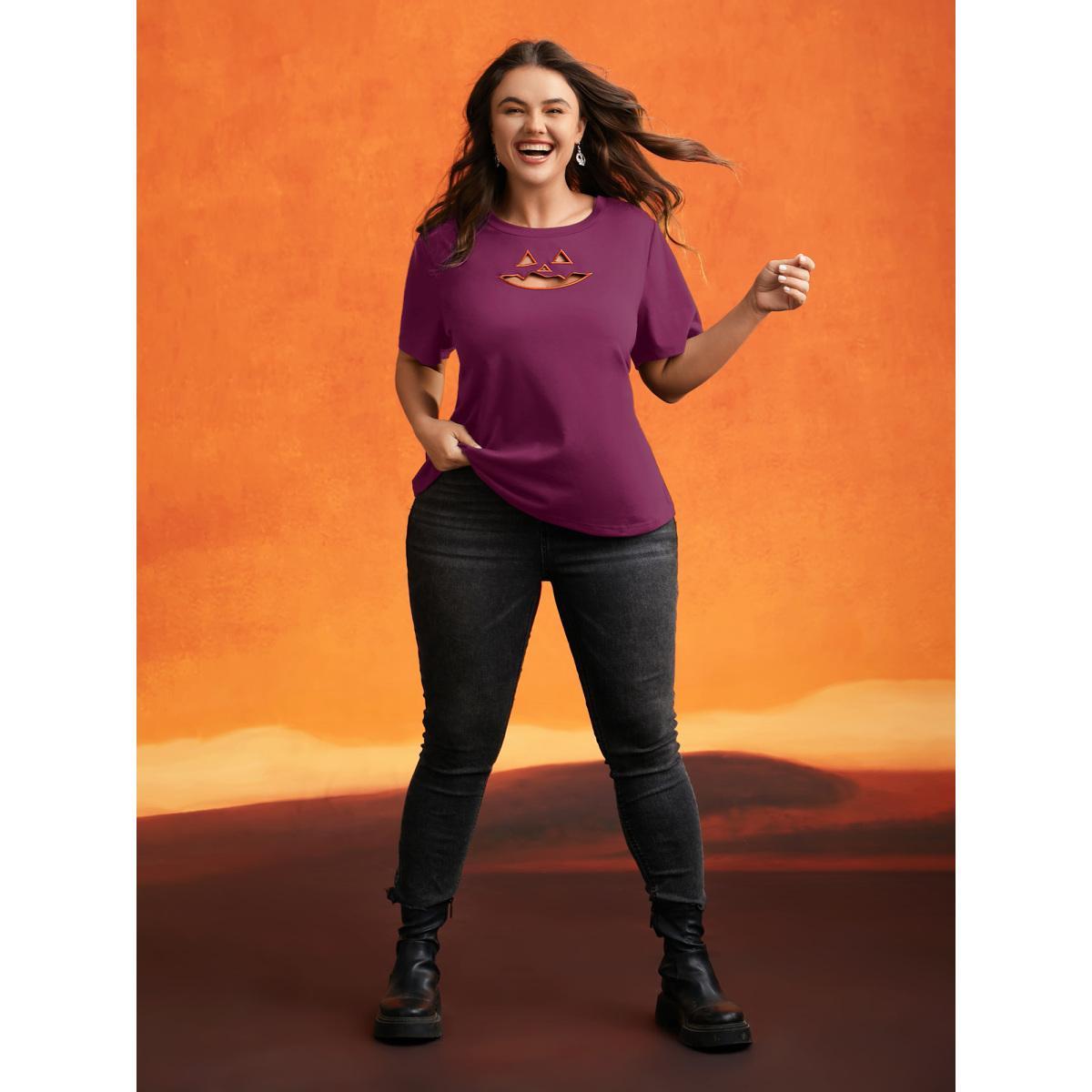 Plus Size Jack-O-Lantern Neck Hollow Embroidered T-shirt RedViolet Women Casual Cut-Out Halloween Round Neck Everyday T-shirts BloomChic 18-20/2X Product Image