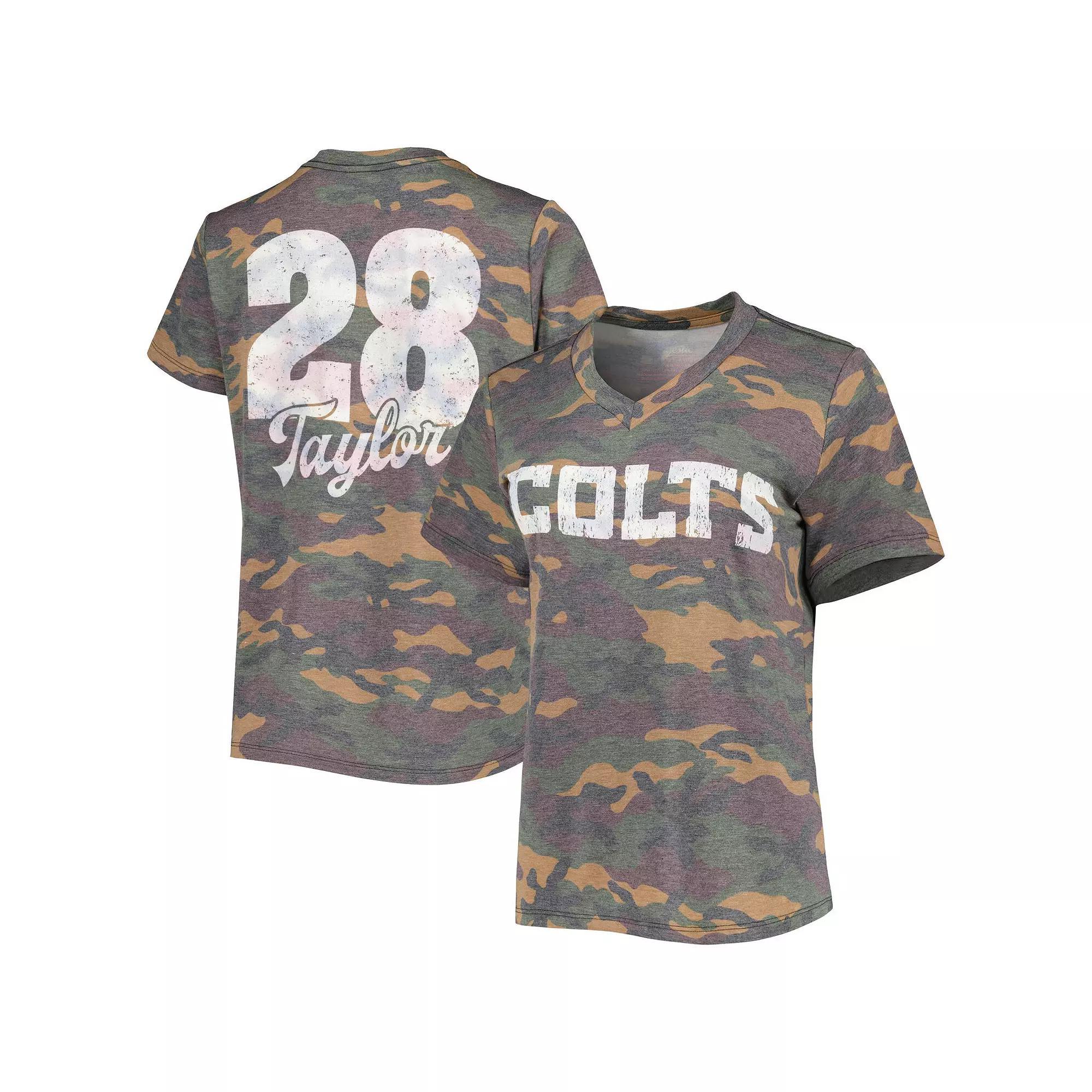 Women's Majestic Threads Jonathan Taylor Camo Indianapolis Colts Name & Number V-Neck Tri-Blend T-Shirt, Size: XL, Green Product Image