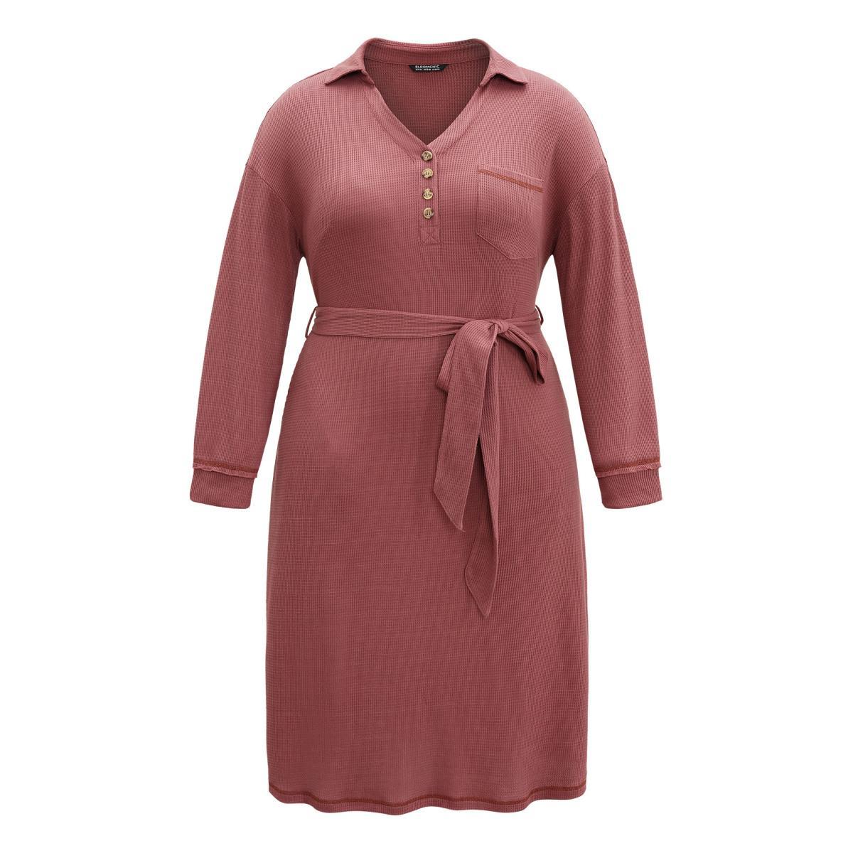 Plus Size Waffle Knit Belted Lapel Collar Pocket Dress Rouge Women Casual Waffle Knit Lapel Collar Long Sleeve Curvy Midi Dress BloomChic 18-20/2X Product Image