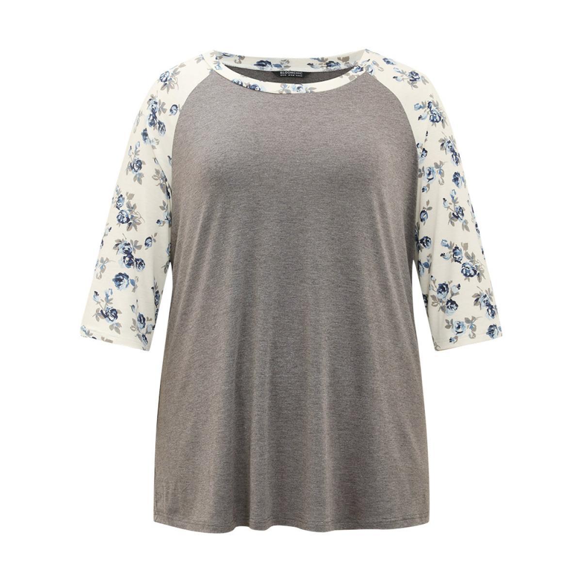 Plus Size Ditsy Floral Patchwork Contrast T-shirt Gray Women Elegant Printed Ditsy Floral Round Neck Dailywear T-shirts BloomChic 30/6X Product Image