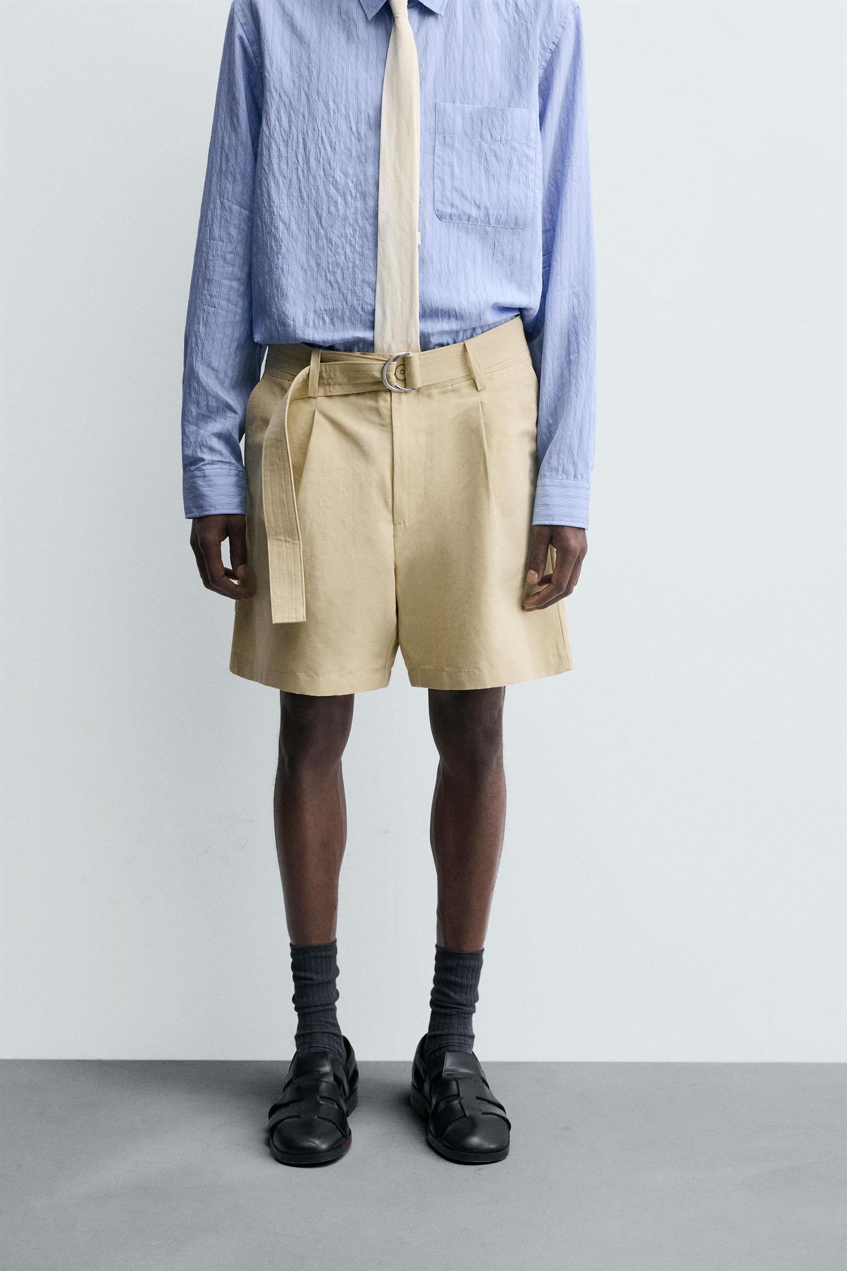 COTTON LINEN BELTED SHORTS Product Image